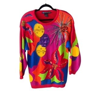 Vintage ‘92 I.B. Diffusion Sz S Oversized Colorful Beaded Novelty Print Sweater